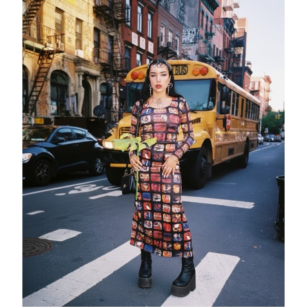 Vintage 90s Y2K Tripp NYC DAANG GOODMAN Anime Geisha Cartoon Maxi Dress Small - Picture 2 of 12